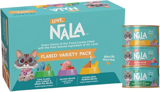 LOVE, NALA Natural Flaked Wet Cat Food Variety Pack – Salmon, Tuna with Carrot & Pea, Chicken with Pumpkin – Grain Free, Non-GMO, High Protein, Omega-3, Added Vitamins & Minerals, 12 Pack (2.4 lb)