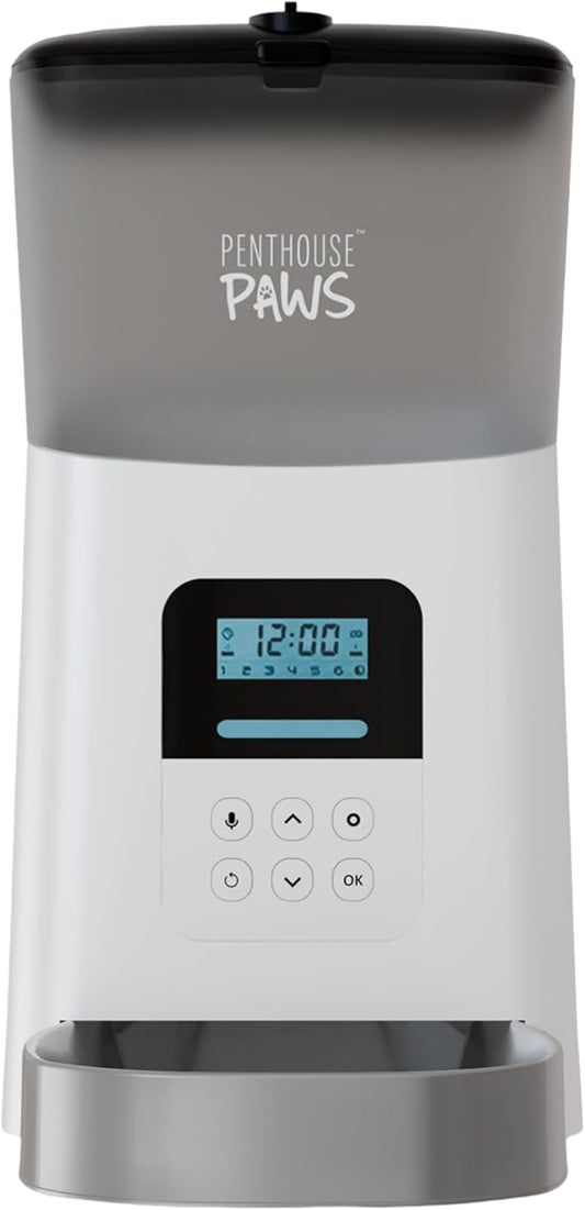 Penthouse Paws® Automatic Pet Feeder 6L, LCD Timed Food Dispenser, Twist-Lock Storage, Anti-Jam, Voice Meal Call, Up to 15 Daily Meals, Battery Backup, White with Stainless Steel Bowl, for Cat & Dog
