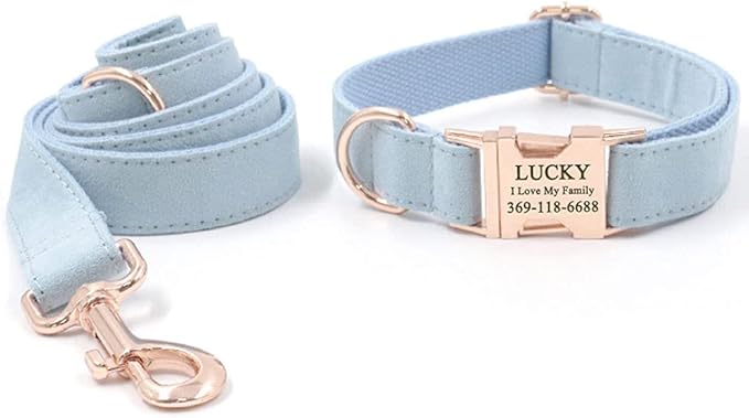 PETDURO Custom Dog Collar Personalized with Name Engraved Quick Release Rose Gold Metal Buckle for Large Medium Small Girl Dogs - Dog Leash and Bow Tie Available - Soft Comfy Velvet (Light Blue, XL)