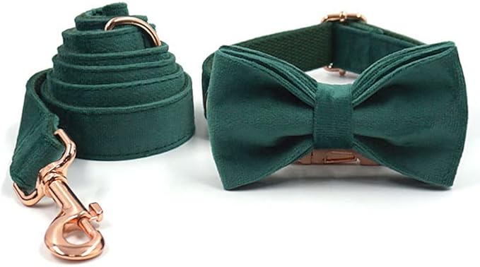 PETDURO Custom Dog Collar Personalized with Name Engraved Rose Gold Metal Buckle for Large Medium Small Dogs - Soft Cute Velvet Dog Leash and Bow Tie Available (Christmas Green RG, L)