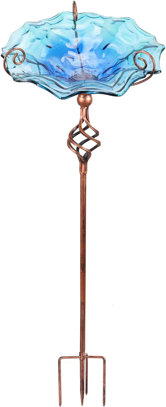 VCUTEKA Outdoor Bird Bath Glass Birdbath Garden Bird Feeder with Metal Stake Blue