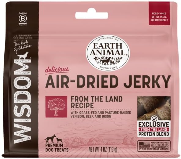 Earth Animal Wisdom Air Dried Jerky - from The Land Recipe Premium Natural Red Meat Jerky Strips Dog Treats - 4 oz Bag