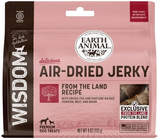 Earth Animal Wisdom Air Dried Jerky - from The Land Recipe Premium Natural Red Meat Jerky Strips Dog Treats - 4 oz Bag