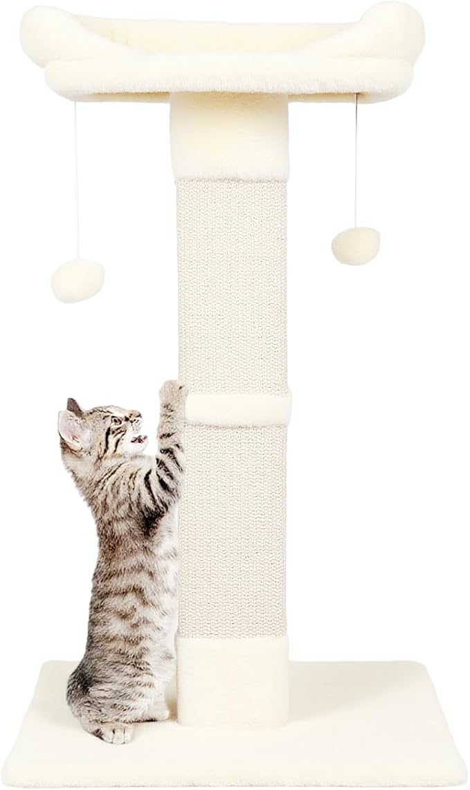 34" Cat Scratching Post for Indoor Cats, Sisal Cat Scratcher with Plush Perch and with Two Dangling Balls, Large Scratch Post with Bed, Removable Cover, Sisal Fabric
