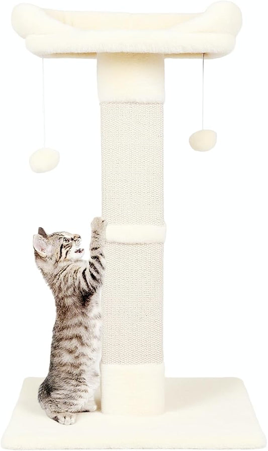 34" Cat Scratching Post for Indoor Cats, Sisal Cat Scratcher with Plush Perch and with Two Dangling Balls, Large Scratch Post with Bed, Removable Cover, Sisal Fabric