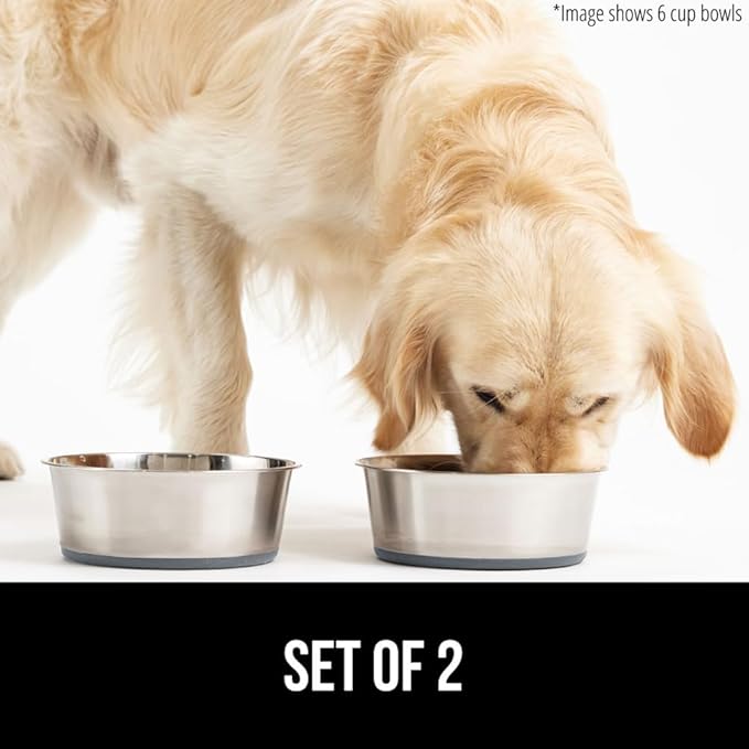 GORILLA GRIP Set of 2 Dog Bowls, Holds 6 Cups (48 fl oz), Heavy Duty Metal Food and Water Bowl for Feeding Dogs and Cats, Dishwasher Safe, Rust Resistant Stainless Steel, BPA Free Rubber Base, Gray