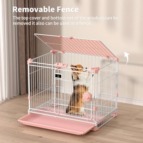 Dog Crate for Small Dogs Under 25lbs,24 inch Pink Thick Metal Dog Kennel Indoor Wire Cage with Double Door and Removable Tray for Pets,Puppy and Animal