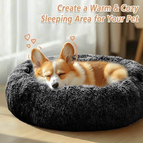 JOLLYVOGUE Calming Dog & Cat Bed for Large Dogs, Anti-Anxiety Donut Cuddler Cozy Soft Round Bed with Anti-Slip Bottom, Fluffy Faux Fur Plush Cushion Beds for Medium Dogs (36")
