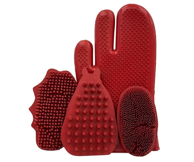 Grewal® Equestrian Grooming Bundle Kit - Comfy Pet Grooming & Bathing Glove - Oval Face Soft Bristles - Great for Thin & Sensitive Skin (Red)