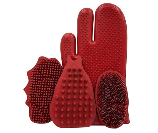 Grewal® Equestrian Grooming Bundle Kit - Comfy Pet Grooming & Bathing Glove - Oval Face Soft Bristles - Great for Thin & Sensitive Skin (Red)