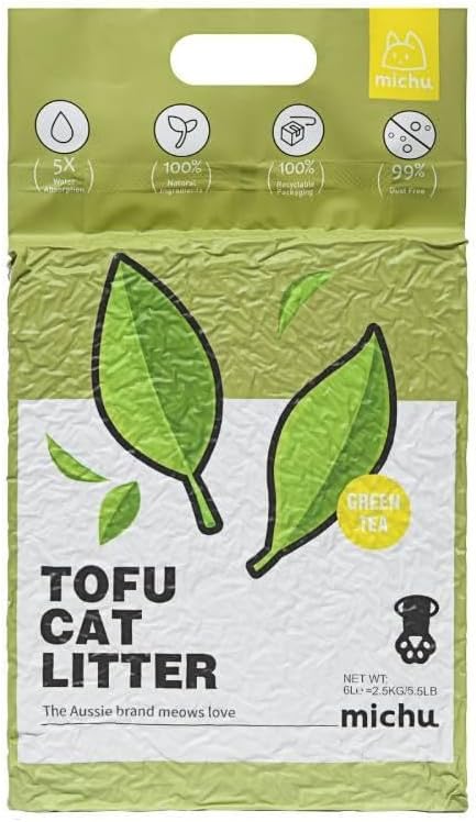 Michu Tofu Cat Litter Natural Clumping Tofu Cat Litter, Fast Clumping and Easily Scoop-able 5.5lb/88oz 5 Scents - Greentea, 6 Pack