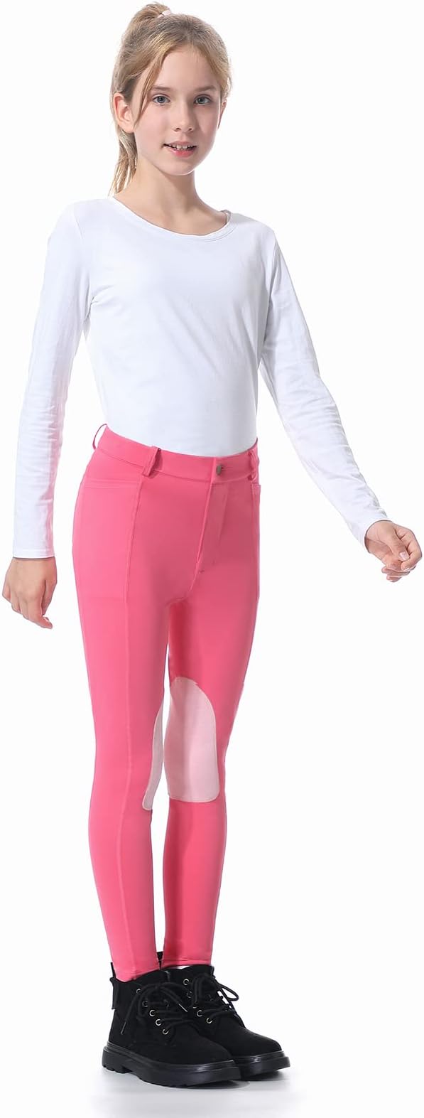 beroy Kids Horse Riding Knee-Patches Pants Girls Equestrian Front-Zip Breeches Legging with Pockets