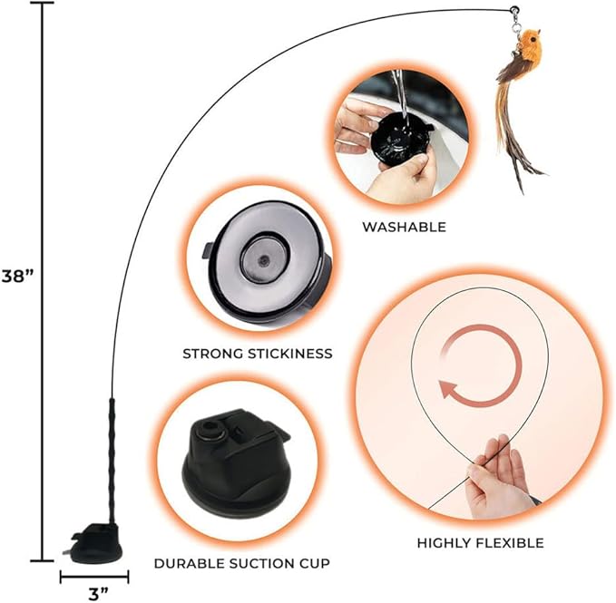 Whiskertons Interactive Bird Simulation Cat Toy Set, Interactive Cat Toys for Indoor Cats, Cat Feather Toy, Self-Holding Suction Base, 5 Replacement Birds, Feathers & Bells, Realistic Bird Impression