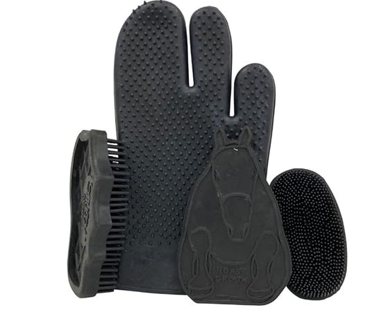 Grewal® Equestrian Grooming Bundle Kit - Comfy Pet Grooming & Bathing Glove - Oval Face Soft Bristles - Great for Thin & Sensitive Skin (Black)