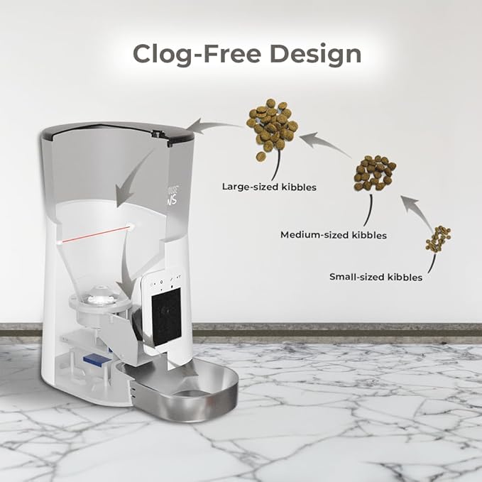 Smart HD Automatic Cat Feeder with 1080P Camera & Night Vision, 2-Way Audio, WiFi App Control, Anti-Jam 6L Pet Feeder with Battery Backup, Schedules Up to 15 Meals for Cat & Dog White Stainless Steel