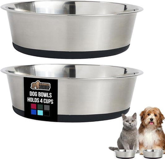 GORILLA GRIP Dog Bowls, Holds 4 Cups Each (32 fl oz), Heavy Duty Stainless Steel Food and Water Bowl for Feeding Dogs and Cats, Dishwasher Safe, Rust Resistant, BPA Free Rubber Base, Set of 2 Black