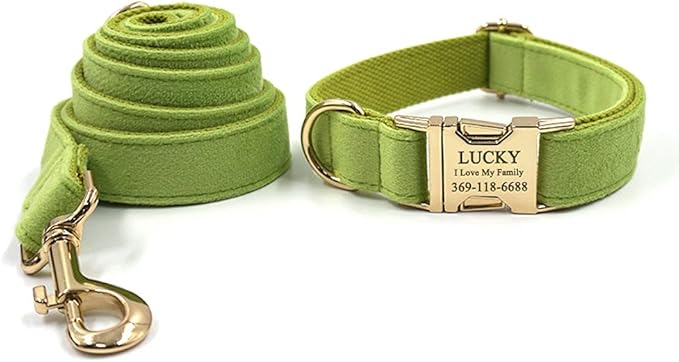 PETDURO Custom Dog Collar Personalized with Name Engraved Quick Release Rose Gold Metal Buckle for Large Medium Small Girl Dogs - Dog Leash and Bow Tie Available - Soft Comfy Velvet (Green, L)