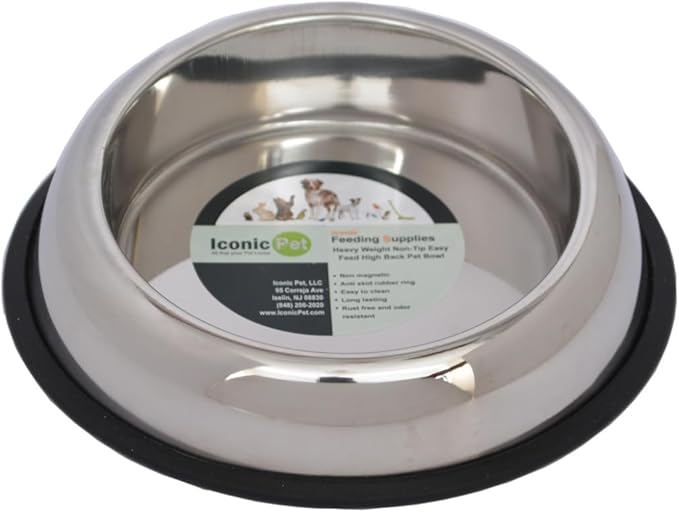 ICONIC PET 1 Cup/8 Oz Heavy Weight Non-Skid Stainless Steel High Back Pet Food/Water Bowls with Removable Anti Skid Rubber Ring - Dog/Cat Feeding Bowl in Unique Design, Dishwasher Safe