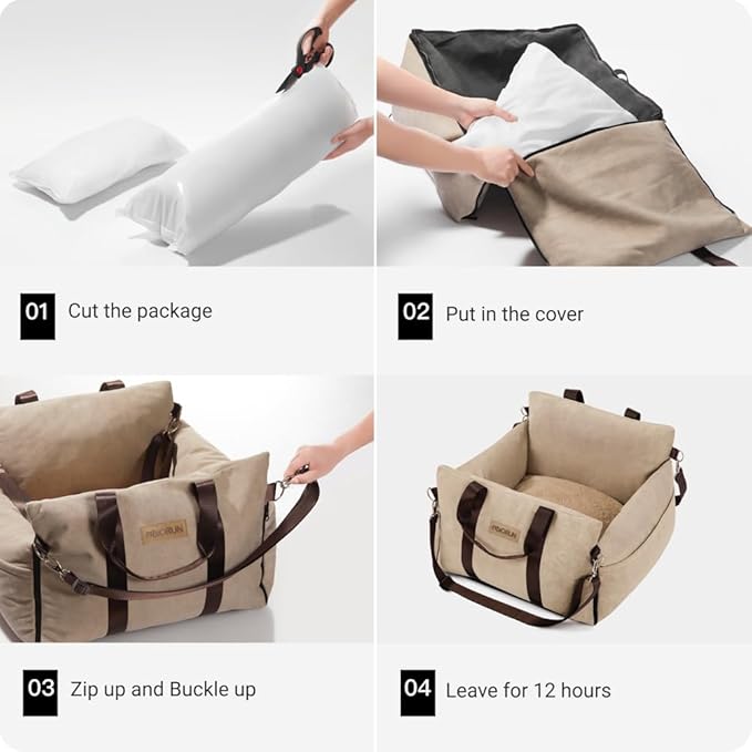 Dog Car Seat for Small and Medium Dogs, Easy to Clean Pet Booster Bed with Calming Cushion, Waterproof Travel Carrier for Cats and Puppies with Storage Pocket Up to 25lb, Camel