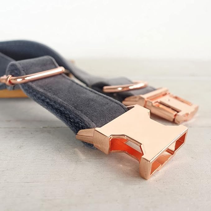 PETDURO Custom Dog Collar Personalized with Name Engraved Quick Release Rose Gold Metal Buckle for Large Medium Small Girl Dogs - Dog Leash and Bow Tie Available - Soft Comfy Velvet (Grey, XS)