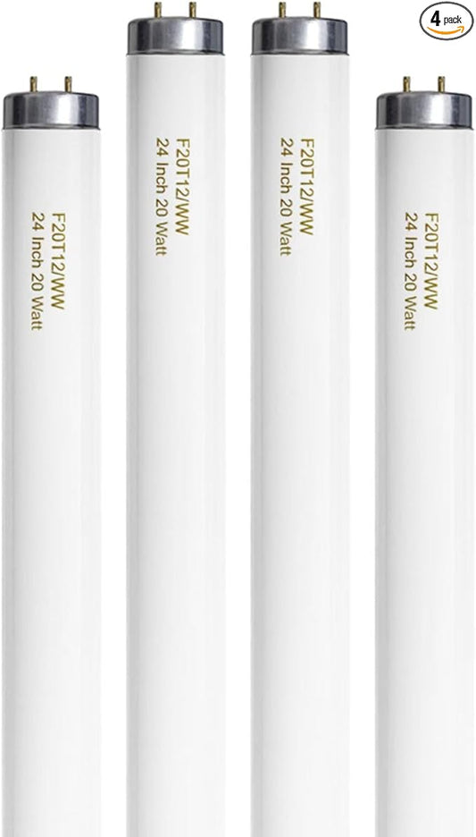 F20T12/WW 20 Watt Soft Warm White, T12 Fluorescent Tube Light Bulb 20W 24 Inch, 2Ft F20T12/DSW/RP Replacement for F20T12 F20T12KB/ECO/RVL F20T12KB/ECO F20T12/SPX30 1250Lm G13 4 Count