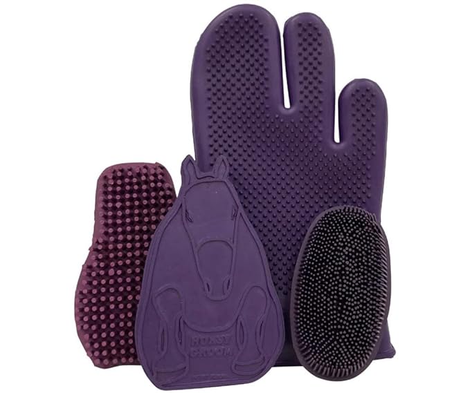 Grewal® Equestrian Grooming Bundle Kit - Comfy Pet Grooming & Bathing Glove - Oval Face Soft Bristles - Great for Thin & Sensitive Skin (Purple)