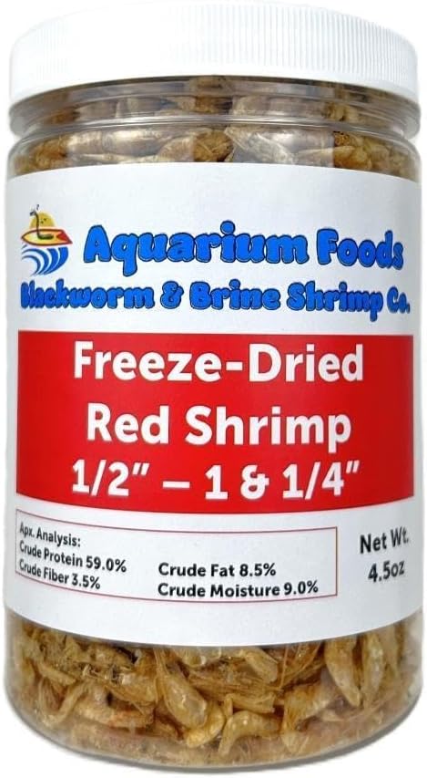 Aquatic Foods Inc. Red River Shrimp - Freeze-Dried 1/2" to 1&1/4" Red River Shrimp for Cichlids, Koi & Pond Fish, Aquatic Turtles, All Community Tropical Fish, Reptiles, Rodents…4.5oz Lg Round Jar