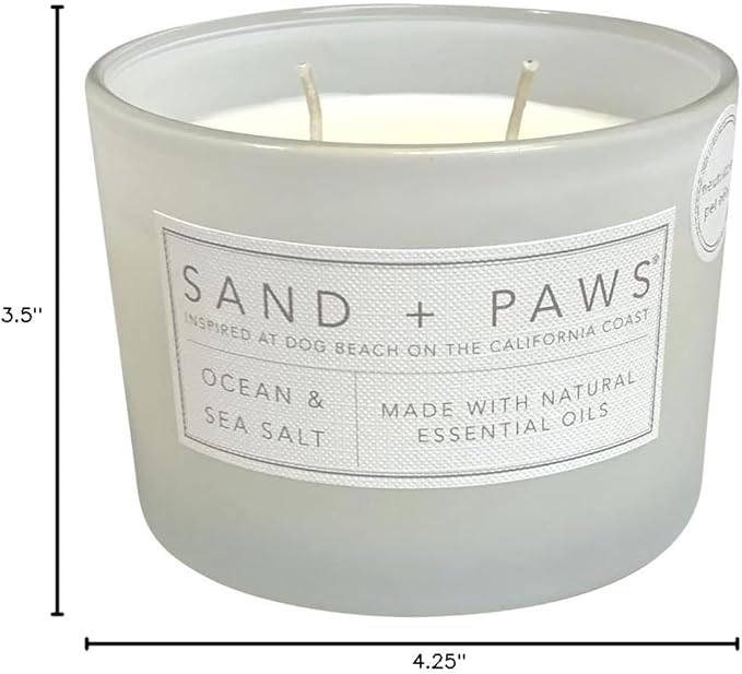 Sand + Paws Scented Candle - Ocean & Sea Salt - Additional Scents and Sizes –Luxurious Air Freshening Jar Candles Neutralize pet Odors and Enhance Home décor – 100% Cotton Lead-Free Wicks - 12 oz