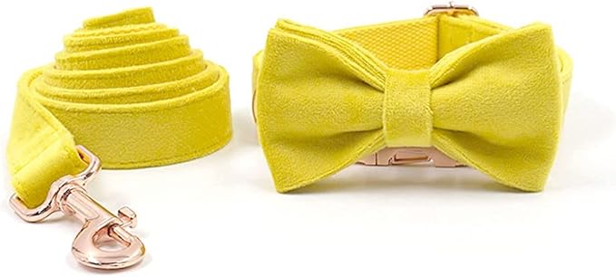 PETDURO Custom Dog Collar Personalized with Name Engraved Quick Release Rose Gold Metal Buckle for Large Medium Small Girl Dogs - Dog Leash and Bow Tie Available - Soft Comfy Velvet (Yellow, L)
