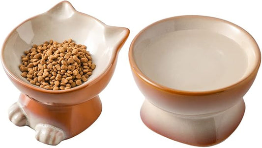 Nihow Elevated Cat/Dog Bowls Set : 6.2 Inch Ceramic Raised Cat Food & Water Bowl Set for Protecting Pet's Spine - Feeding & Watering Supplies for Cat/Small Size Dog - Elegant Brown (2PC)