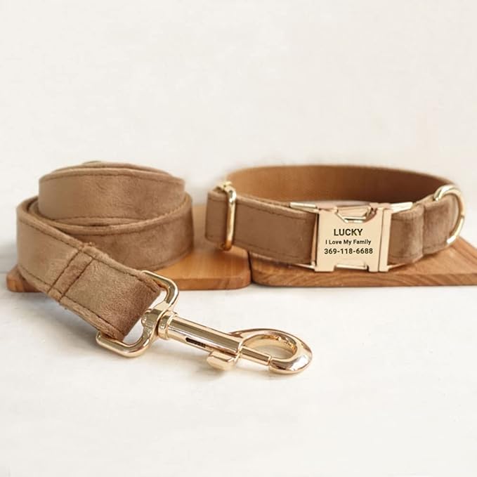 PETDURO Custom Dog Collar Personalized with Name Engraved Gold Metal Buckle for Large Medium Small Dogs - Dog Leash and Bow Tie Available - Soft Thick Velvet (Camel RG, L)