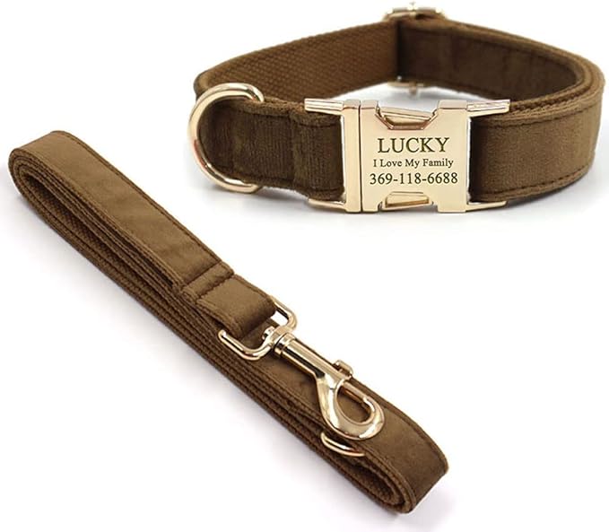 PETDURO Personalized Dog Collar Brown Soft Velvet for Large Medium Small Boy Girl Dogs - Custom Collar with Name Phone Engraved on Gold Metal Buckle - Add Matching Leash Bow Set via Customize Now
