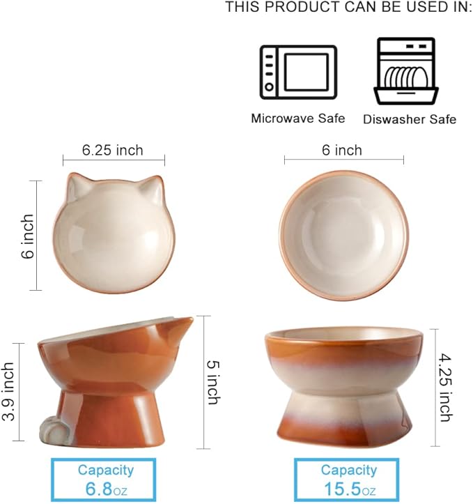 Nihow Elevated Cat/Dog Bowls Set : 6.2 Inch Ceramic Raised Cat Food & Water Bowl Set for Protecting Pet's Spine - Feeding & Watering Supplies for Cat/Small Size Dog - Elegant Brown (2PC)