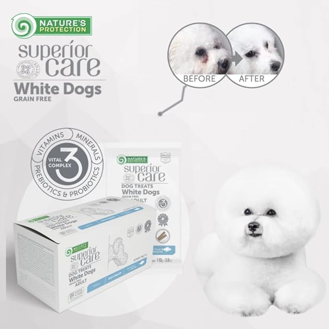 Nature's Protection Dog Treats for Small, Medium & Large Breed - Grain Free Hip & Joint Snack for Adult Dogs with Light Fur, 3.8 oz (Superior Care - White Fish, Pack of 7)