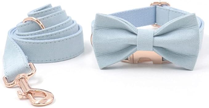 PETDURO Custom Dog Collar Personalized with Name Engraved Quick Release Rose Gold Metal Buckle for Large Medium Small Girl Dogs - Dog Leash and Bow Tie Available - Soft Comfy Velvet (Light Blue, M)
