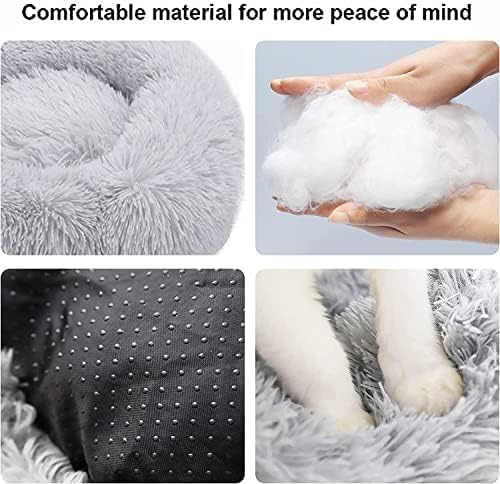 KittyComforts 24 inch Washable Round Plush Faux Fur Cat Bed - Anti-Anxiety Dog & Cat Bed for Small to Medium Pets - Thick Bottom (Light Grey, Large)