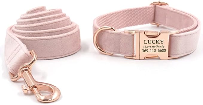 PETDURO Personalized Dog Collar Pink Soft Velvet for Large Medium Small Boy Girl Dogs - Custom Collar with Name Phone Number Engraved on Rose Gold Metal Buckle - Add Leash Bow Set via Customize Now