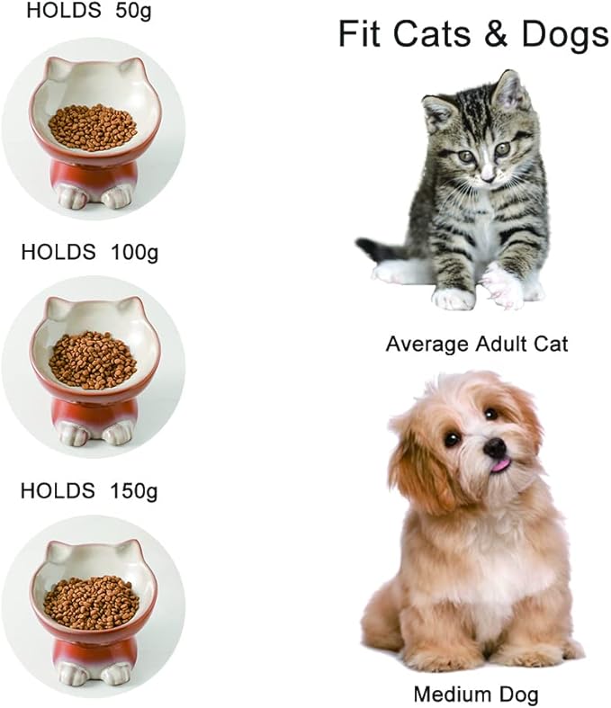 Nihow Elevated Cat/Dog Bowls Set : 6.2 Inch Ceramic Raised Cat Food & Water Bowl Set for Protecting Pet's Spine - Feeding & Watering Supplies for Cat/Small Size Dog - Elegant Brown (2PC)