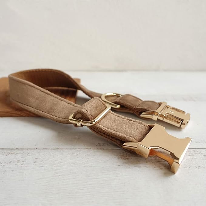 PETDURO Custom Dog Collar Personalized with Name Engraved Gold Metal Buckle for Large Medium Small Dogs - Dog Leash and Bow Tie Available - Soft Thick Velvet (Camel RG, L)