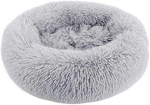 KittyComforts 24 inch Washable Round Plush Faux Fur Cat Bed - Anti-Anxiety Dog & Cat Bed for Small to Medium Pets - Thick Bottom (Light Grey, Large)