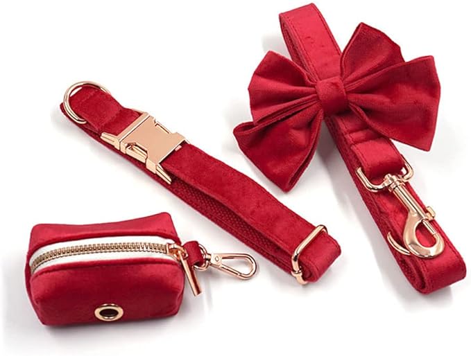 PETDURO Custom Dog Collar Personalized with Name Engraved Rose Gold Metal Buckle for Large Medium Small Girl Dogs - Dog Leash and Bow Tie Available - Soft Comfy Velvet (Christmas Red RG, XS)
