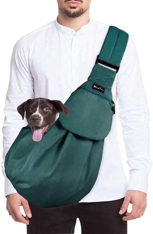 SlowTon Dog Carrier Sling - Thick Padded Shoulder Strap Adjustable Dog Carriers for Small Dogs, Puppy Carrier Purse for Pet Cat with Front Zipper Pocket Safety Belt Machine Washable (Green M)