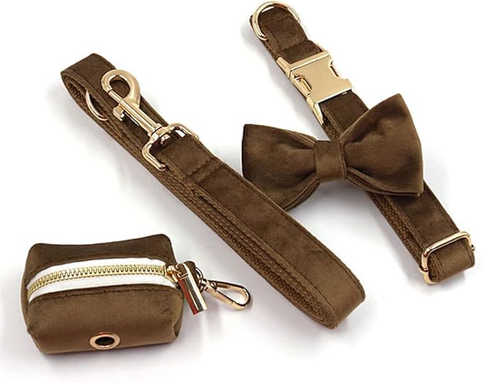 PETDURO Custom Dog Collar Personalized with Name Engraved Quick Release Rose Gold Metal Buckle for Large Medium Small Girl Dogs - Dog Leash and Bow Tie Available - Soft Comfy Velvet (Brown G, XS)