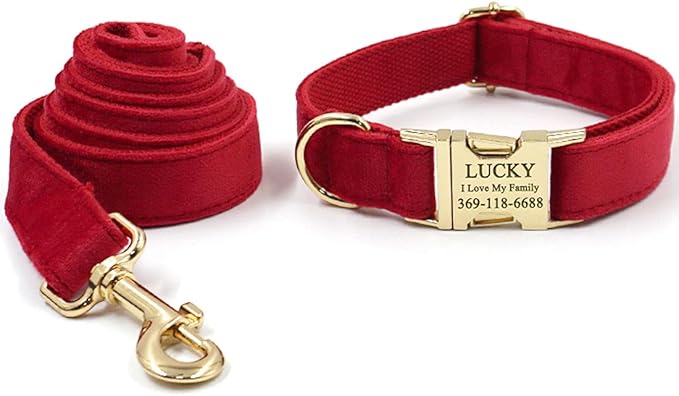 PETDURO Custom Dog Collar Personalized with Name Engraved Quick Release Rose Gold Metal Buckle for Large Medium Small Girl Dogs - Dog Leash and Bow Tie Available - Soft Comfy Velvet (Red, XL)