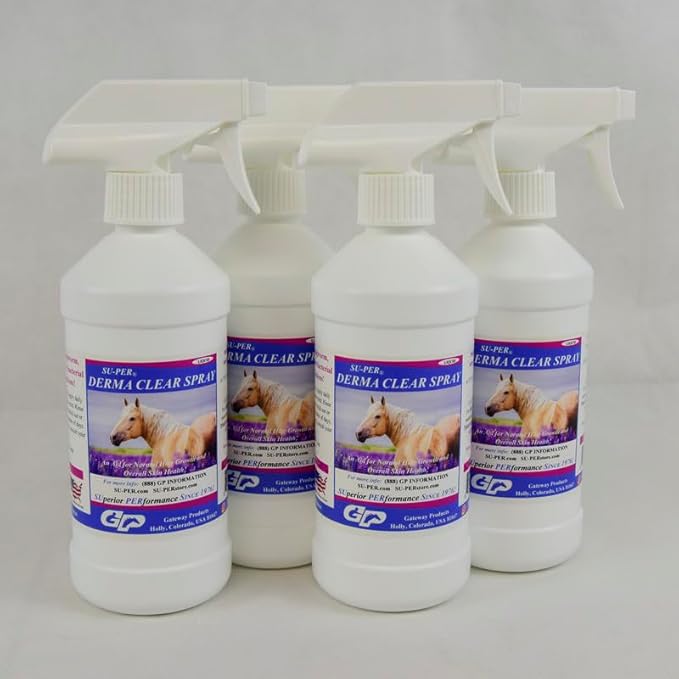 SU-PER Derma Clear Spray for Horses - Normal Hair Growth & Overall Skin Health - Anti-Fungal & Anti-Bacterial Shampoo - 1 Pint, (4 Pack)