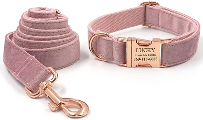 PETDURO Custom Dog Collar Personalized with Name Engraved Rose Gold Metal Buckle for Large Medium Small Girl Dogs - Dog Leash and Bow Tie Available - Soft Comfy Velvet (Champagne Pink RG, XL)