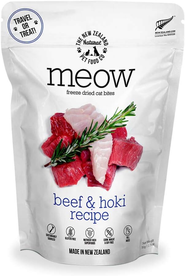 The New Zealand Natural Pet Food Co Meow Freeze Dried Cat Food - Beef & Hoki Recipe, High Protein, Meals & Toppers, Dry Cat Food,1.76 oz