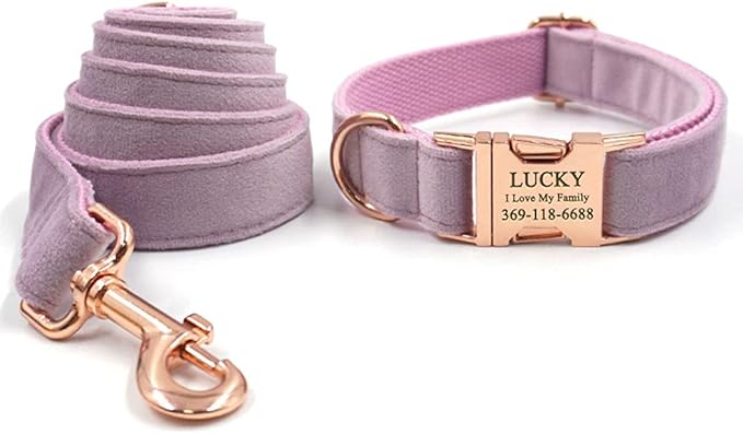 PETDURO Custom Dog Collar Personalized with Name Engraved Quick Release Rose Gold Metal Buckle for Large Medium Small Girl Dogs - Dog Leash and Bow Tie Available - Soft Comfy Velvet (Purple, XS)