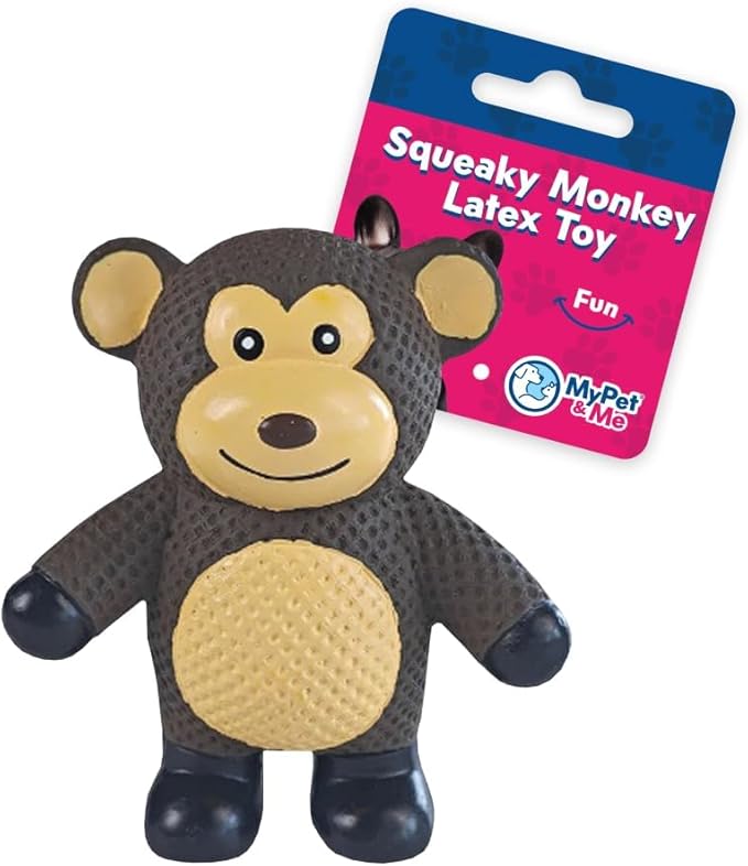 My Pet & Me - Squeaky Dog Toys for Light to Moderate Chewers - Fun Latex Toys for Puppies, Teething, and Gentle Play - Interactive Fetch and Chew Toy with Squeaker (Brown Monkey, 4.3 Inch)