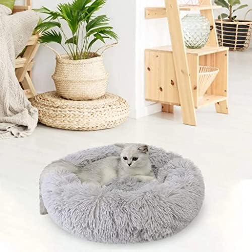 KittyComforts 24 inch Washable Round Plush Faux Fur Cat Bed - Anti-Anxiety Dog & Cat Bed for Small to Medium Pets - Thick Bottom (Light Grey, Large)